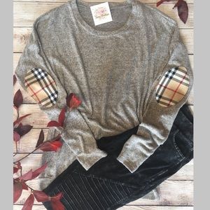 Super Soft Brushed Knit Top Plaid Elbow Patch NWT